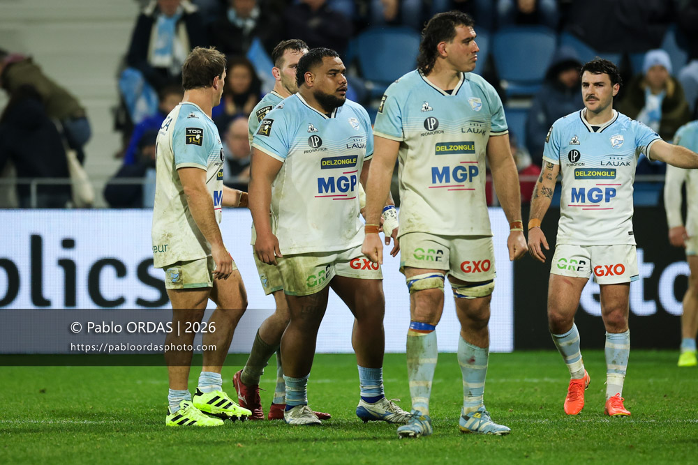 Tevita Tatafu, lors du match de Top 14 entre l'Aviron bayonnais et le Castres olympique, le 24 janvier 2026 au stade Jean Dauger de Bayonne, France (Photo Pablo ORDAS)