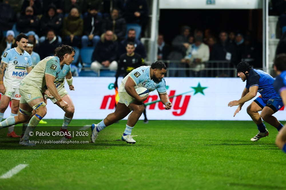 Tevita Tatafu, lors du match de Top 14 entre l'Aviron bayonnais et le Castres olympique, le 24 janvier 2026 au stade Jean Dauger de Bayonne, France (Photo Pablo ORDAS)