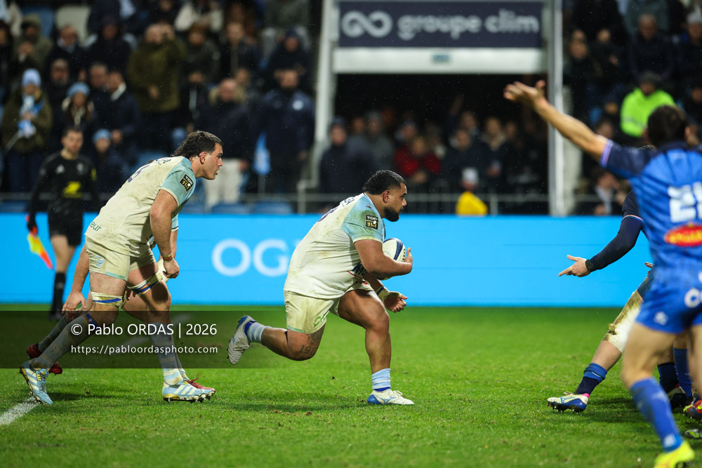 Tevita Tatafu, lors du match de Top 14 entre l'Aviron bayonnais et le Castres olympique, le 24 janvier 2026 au stade Jean Dauger de Bayonne, France (Photo Pablo ORDAS)