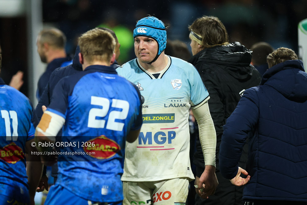 Arthur Iturria, lors du match de Top 14 entre l'Aviron bayonnais et le Castres olympique, le 24 janvier 2026 au stade Jean Dauger de Bayonne, France (Photo Pablo ORDAS)