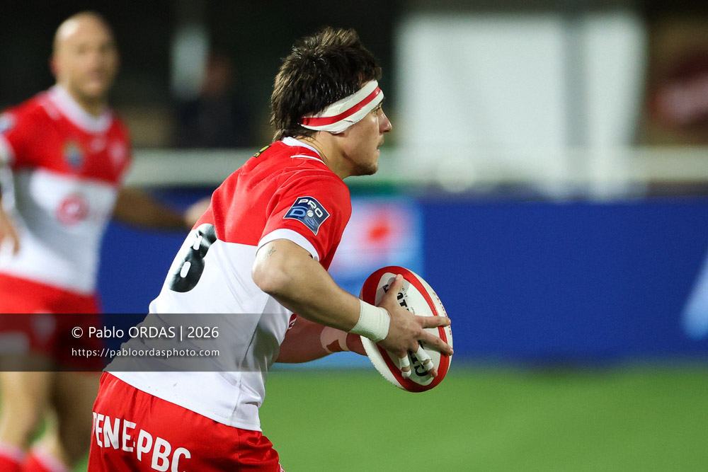 Andrea Sacco, lors du match de Pro D2 entre le Biarritz olympique et Grenoble, le 30 janvier 2026 au stade Aguiléra de Biarritz, France (Photo Pablo ORDAS)