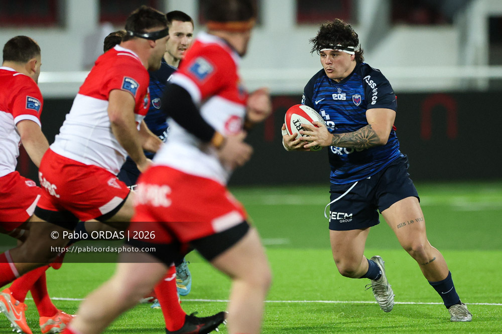 Sascha Mistrulli, lors du match de Pro D2 entre le Biarritz olympique et Grenoble, le 30 janvier 2026 au stade Aguiléra de Biarritz, France (Photo Pablo ORDAS)