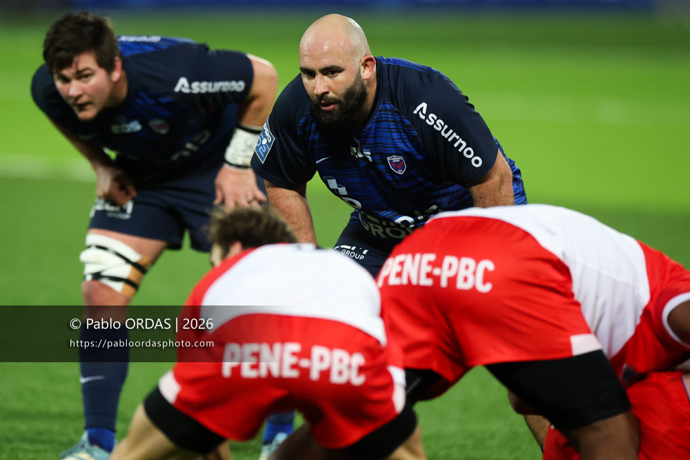 Bastien Soury, lors du match de Pro D2 entre le Biarritz olympique et Grenoble, le 30 janvier 2026 au stade Aguiléra de Biarritz, France (Photo Pablo ORDAS)