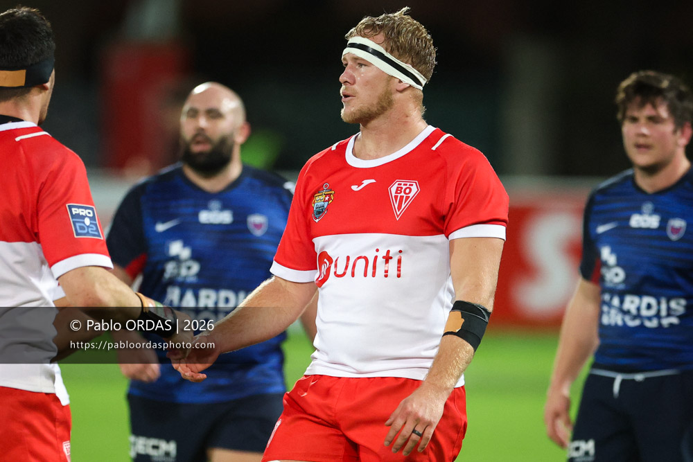 Heath Backhouse, lors du match de Pro D2 entre le Biarritz olympique et Grenoble, le 30 janvier 2026 au stade Aguiléra de Biarritz, France (Photo Pablo ORDAS)