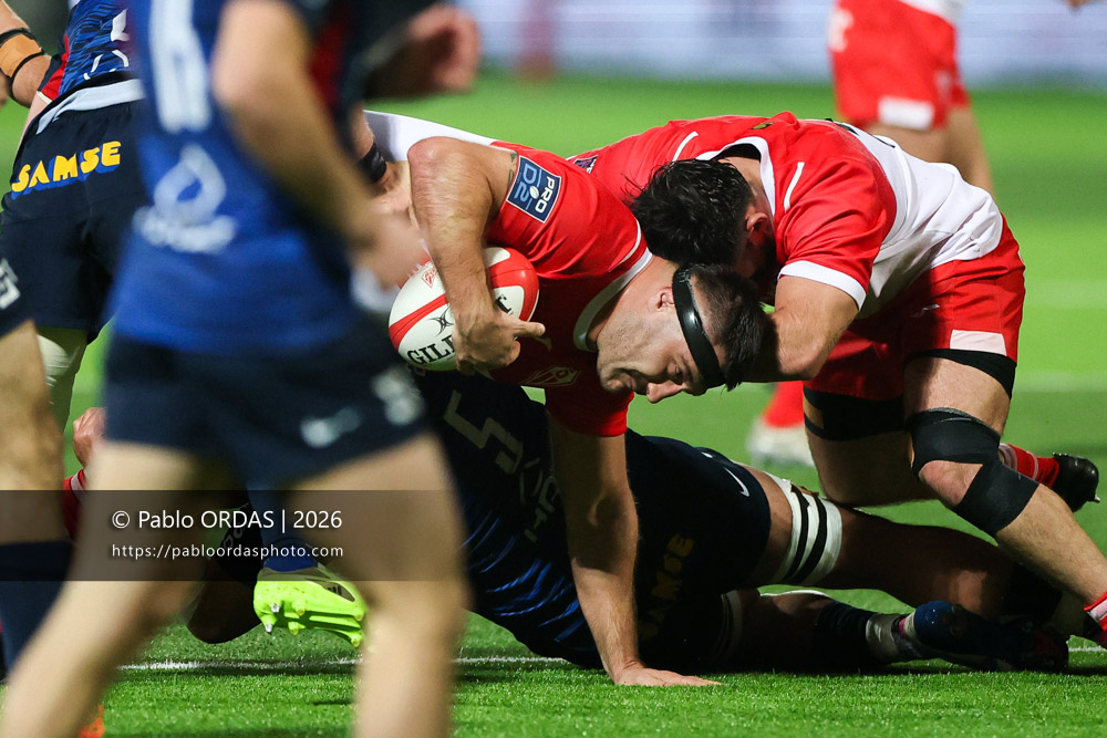 Hugo Pirlet, lors du match de Pro D2 entre le Biarritz olympique et Grenoble, le 30 janvier 2026 au stade Aguiléra de Biarritz, France (Photo Pablo ORDAS)
