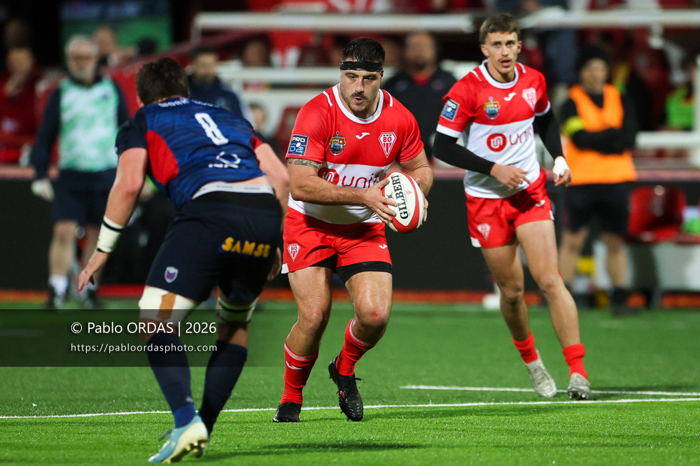 Hugo Pirlet, lors du match de Pro D2 entre le Biarritz olympique et Grenoble, le 30 janvier 2026 au stade Aguiléra de Biarritz, France (Photo Pablo ORDAS)