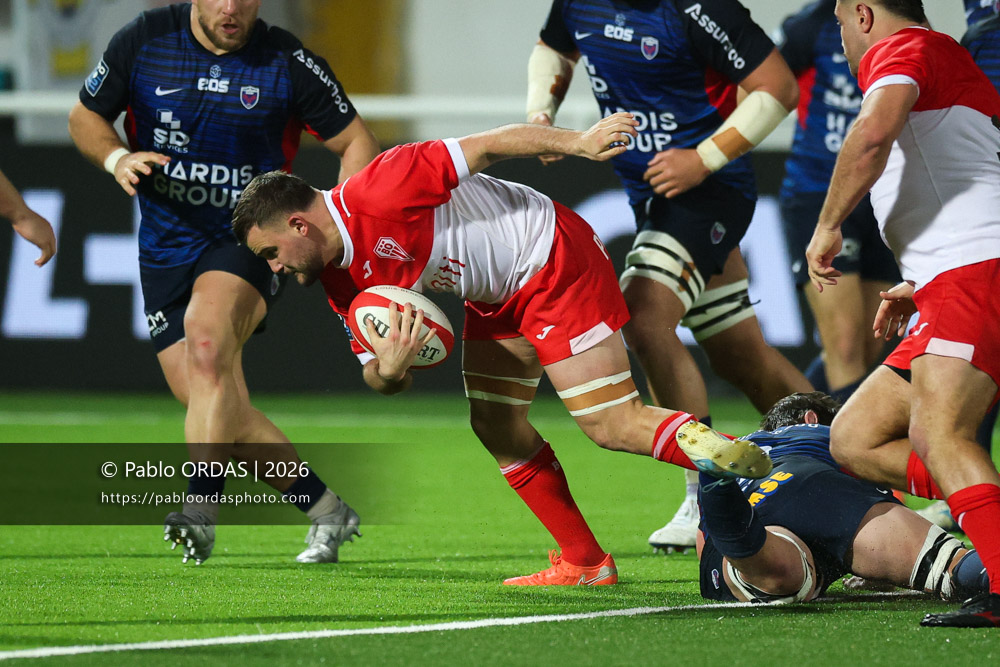 Thomas Hébert, lors du match de Pro D2 entre le Biarritz olympique et Grenoble, le 30 janvier 2026 au stade Aguiléra de Biarritz, France (Photo Pablo ORDAS)