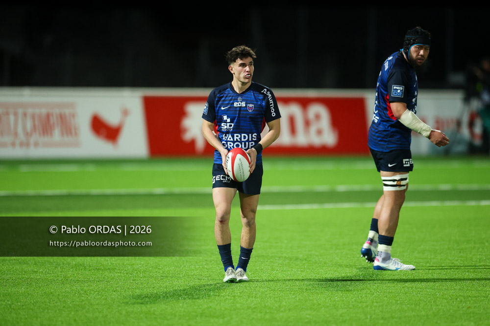 Max Clément, lors du match de Pro D2 entre le Biarritz olympique et Grenoble, le 30 janvier 2026 au stade Aguiléra de Biarritz, France (Photo Pablo ORDAS)