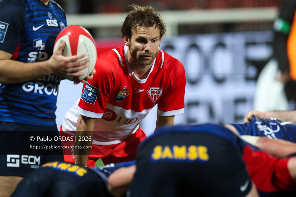 Yann Lesgourgues, lors du match de Pro D2 entre le Biarritz olympique et Grenoble, le 30 janvier 2026 au stade Aguiléra de Biarritz, France (Photo Pablo ORDAS)