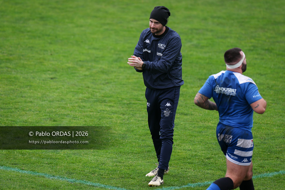 Jordi Bourda, lors du match de Nationale 2 entre l'Anglet olympique et l'US Marmande, le 8 février 2026 au stade Saint-Jean d'Anglet, France (Photo Pablo ORDAS)