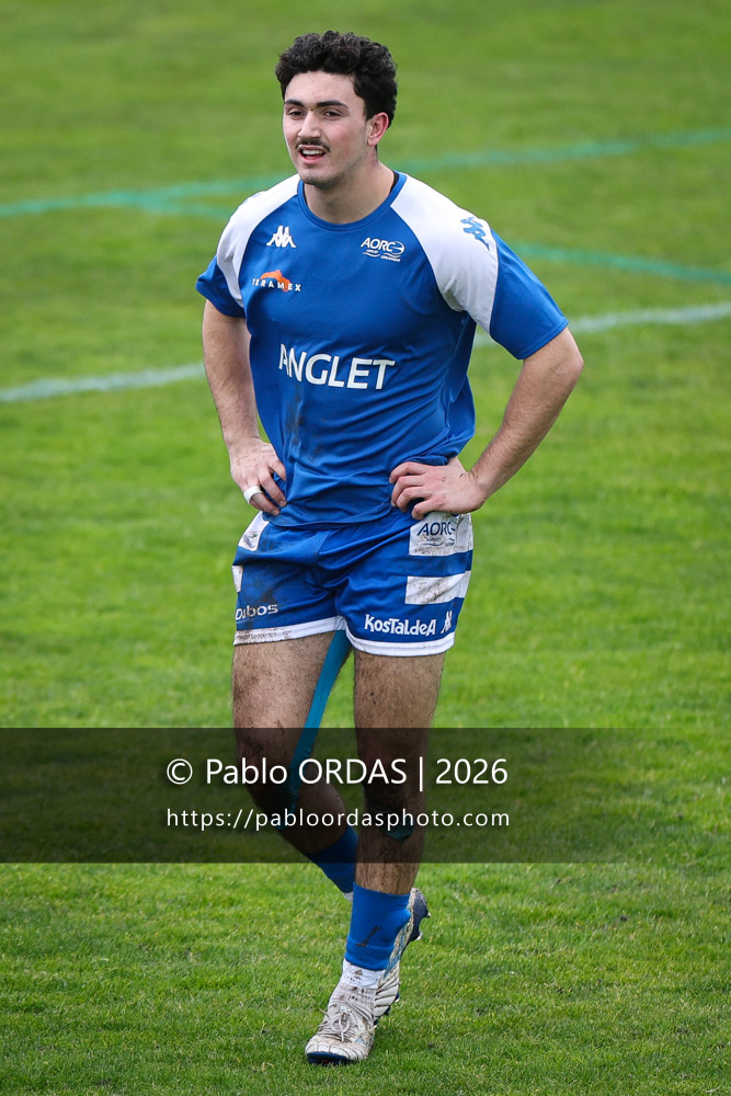 Tobias Descamps, lors du match de Nationale 2 entre l'Anglet olympique et l'US Marmande, le 8 février 2026 au stade Saint-Jean d'Anglet, France (Photo Pablo ORDAS)