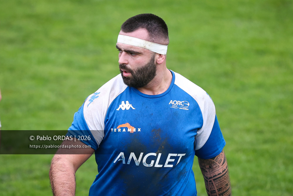 Maxime Gonzalez, lors du match de Nationale 2 entre l'Anglet olympique et l'US Marmande, le 8 février 2026 au stade Saint-Jean d'Anglet, France (Photo Pablo ORDAS)