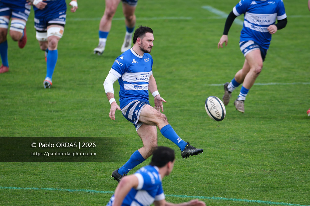 Thomas Curutchet, lors du match de Nationale 2 entre l'Anglet olympique et l'US Marmande, le 8 février 2026 au stade Saint-Jean d'Anglet, France (Photo Pablo ORDAS)