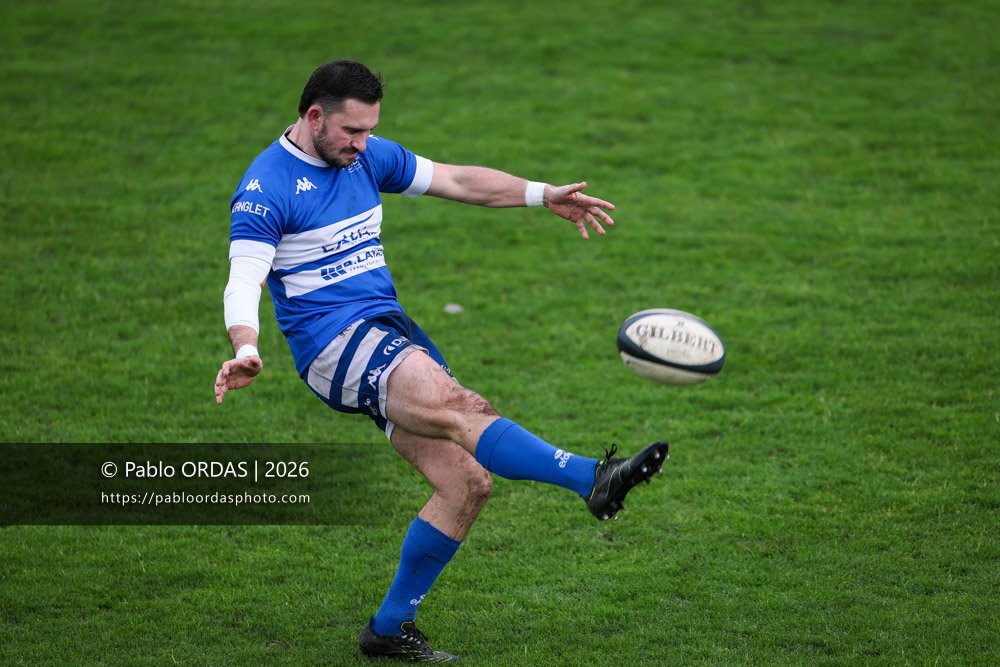 Thomas Curutchet, lors du match de Nationale 2 entre l'Anglet olympique et l'US Marmande, le 8 février 2026 au stade Saint-Jean d'Anglet, France (Photo Pablo ORDAS)