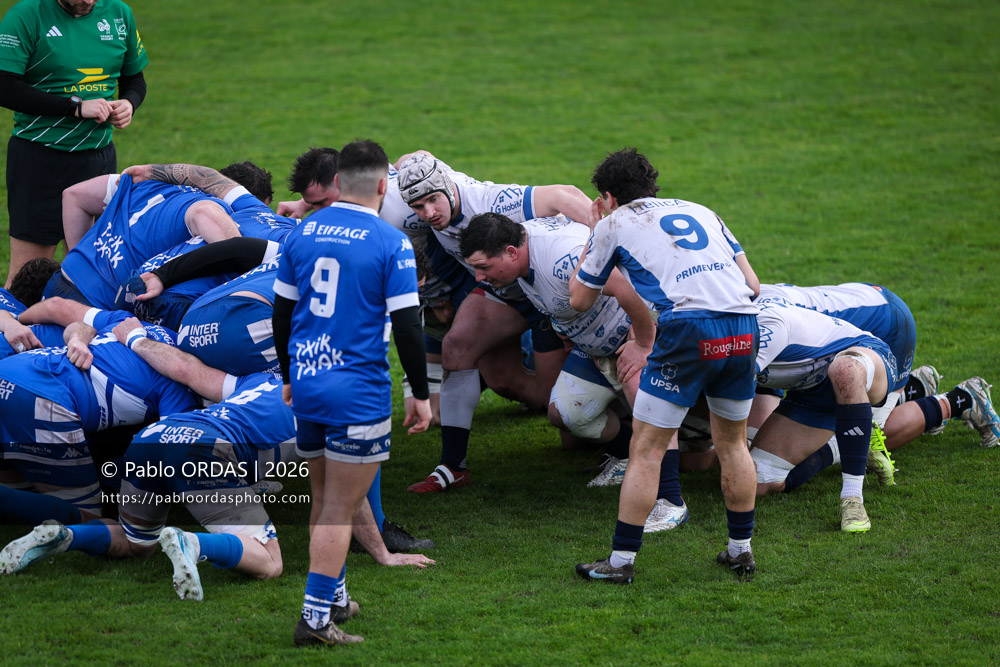 Mathis Dumain, lors du match de Nationale 2 entre l'Anglet olympique et l'US Marmande, le 8 février 2026 au stade Saint-Jean d'Anglet, France (Photo Pablo ORDAS)