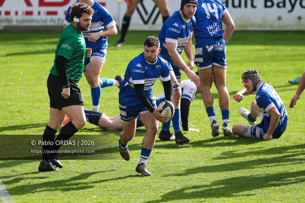 Alexandre Gouaux, lors du match de Nationale 2 entre l'Anglet olympique et l'US Marmande, le 8 février 2026 au stade Saint-Jean d'Anglet, France (Photo Pablo ORDAS)