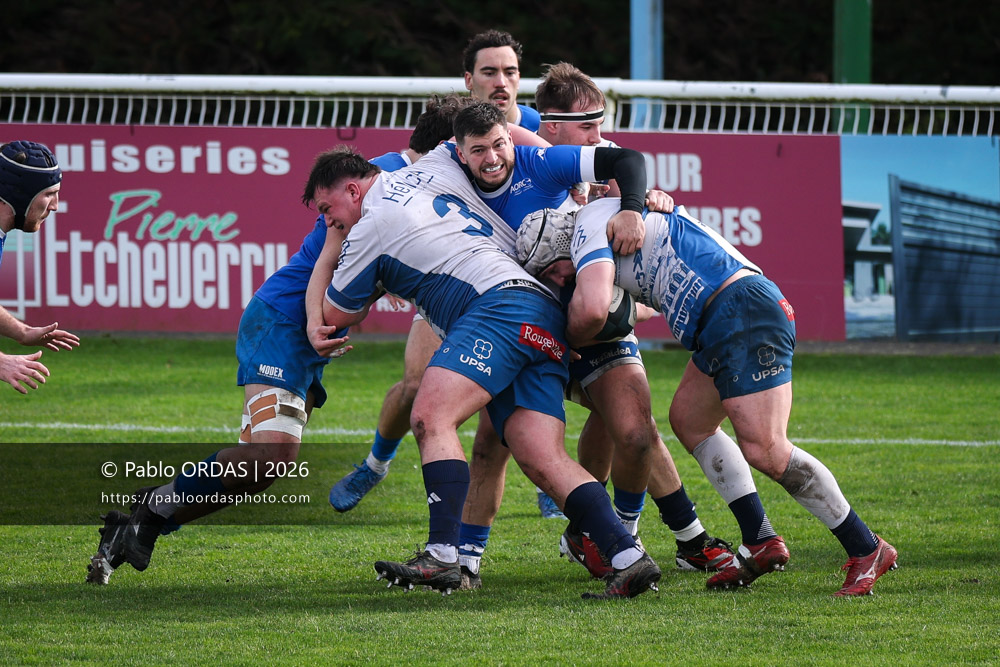 Adrien Paganotto, lors du match de Nationale 2 entre l'Anglet olympique et l'US Marmande, le 8 février 2026 au stade Saint-Jean d'Anglet, France (Photo Pablo ORDAS)