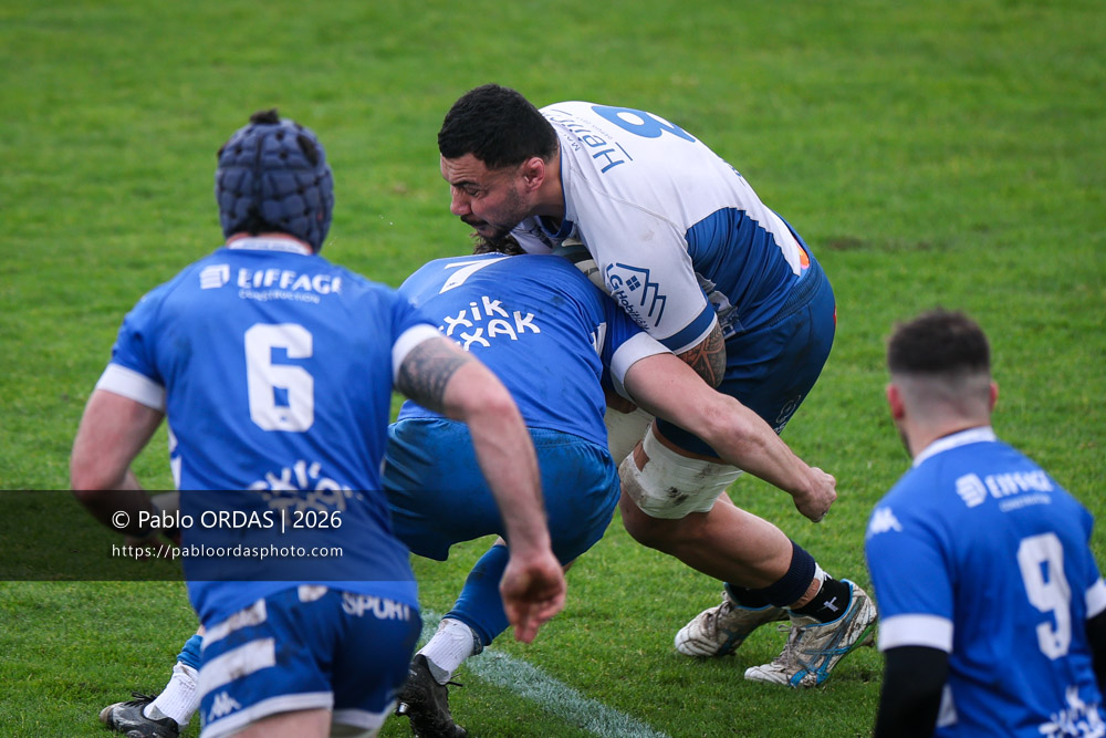 Thomas Toevalu, lors du match de Nationale 2 entre l'Anglet olympique et l'US Marmande, le 8 février 2026 au stade Saint-Jean d'Anglet, France (Photo Pablo ORDAS)