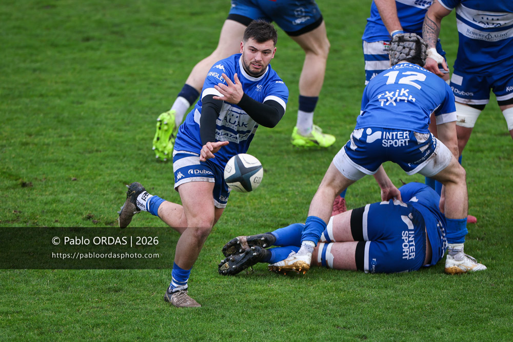 Alexandre Gouaux, lors du match de Nationale 2 entre l'Anglet olympique et l'US Marmande, le 8 février 2026 au stade Saint-Jean d'Anglet, France (Photo Pablo ORDAS)
