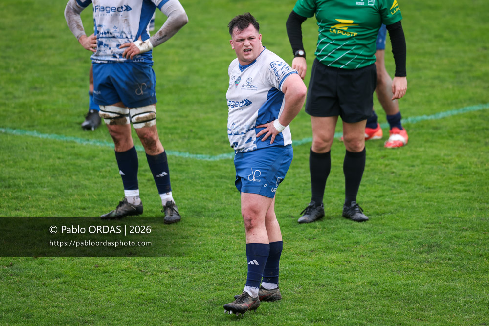 Adrien Paganotto, lors du match de Nationale 2 entre l'Anglet olympique et l'US Marmande, le 8 février 2026 au stade Saint-Jean d'Anglet, France (Photo Pablo ORDAS)