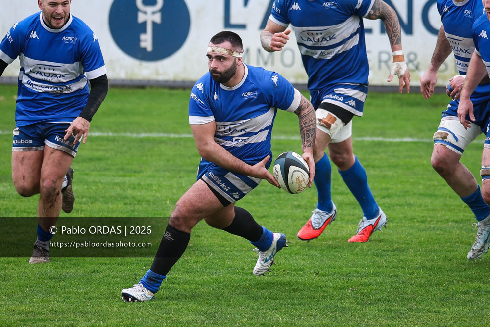 Maxime Gonzalez, lors du match de Nationale 2 entre l'Anglet olympique et l'US Marmande, le 8 février 2026 au stade Saint-Jean d'Anglet, France (Photo Pablo ORDAS)