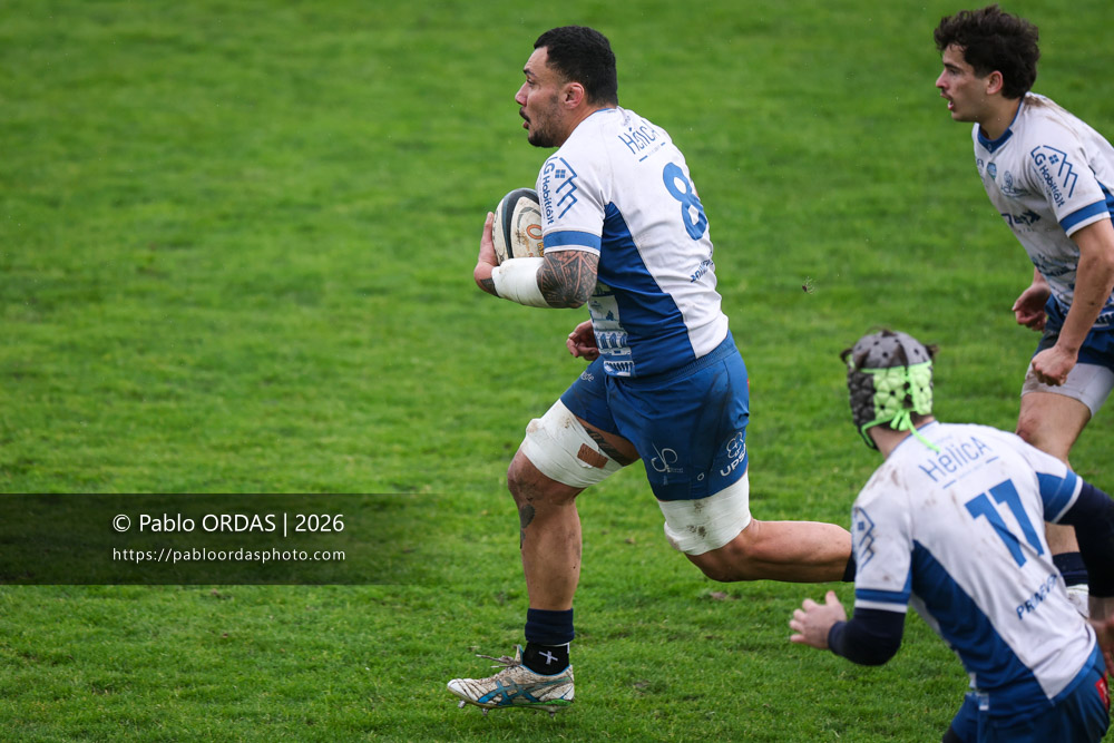 Thomas Toevalu, lors du match de Nationale 2 entre l'Anglet olympique et l'US Marmande, le 8 février 2026 au stade Saint-Jean d'Anglet, France (Photo Pablo ORDAS)