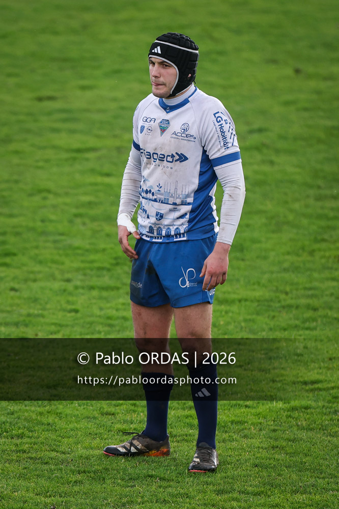 Thibault Rabourdin, lors du match de Nationale 2 entre l'Anglet olympique et l'US Marmande, le 8 février 2026 au stade Saint-Jean d'Anglet, France (Photo Pablo ORDAS)
