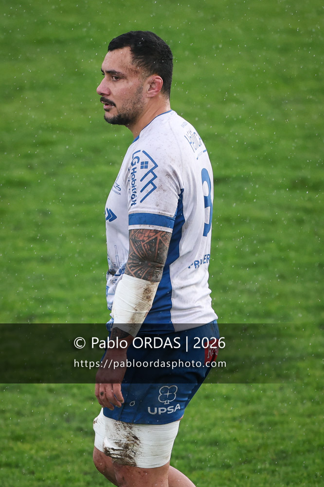 Thomas Toevalu, lors du match de Nationale 2 entre l'Anglet olympique et l'US Marmande, le 8 février 2026 au stade Saint-Jean d'Anglet, France (Photo Pablo ORDAS)