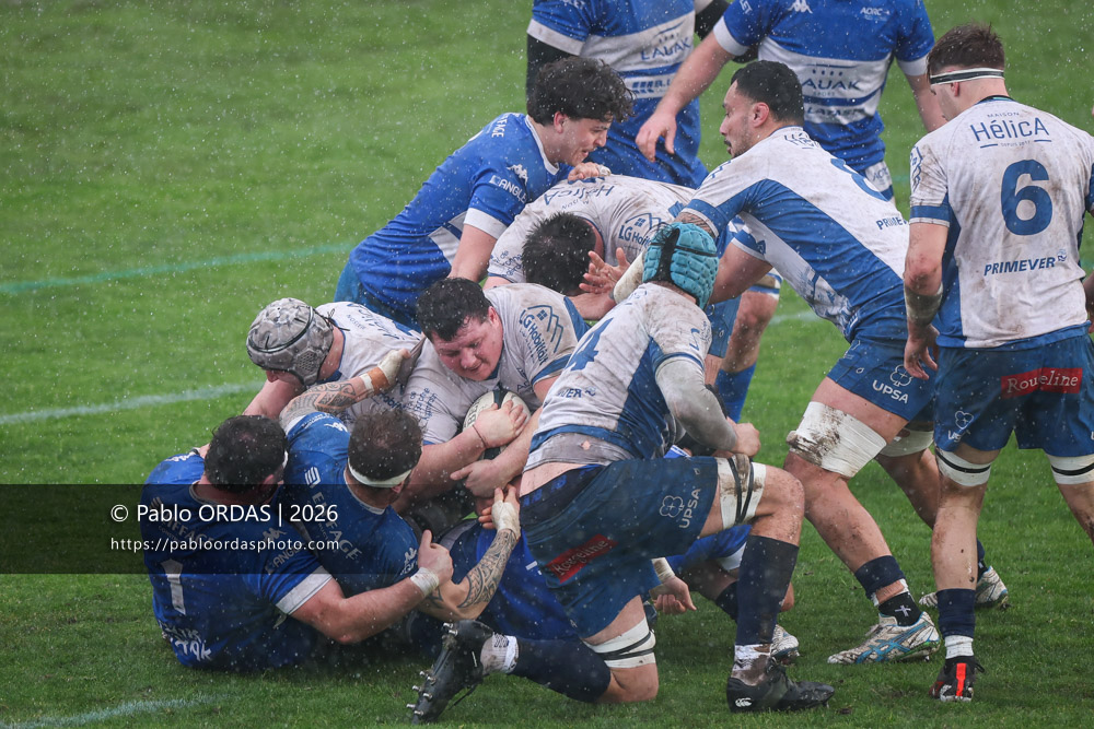 Mathis Dumain, lors du match de Nationale 2 entre l'Anglet olympique et l'US Marmande, le 8 février 2026 au stade Saint-Jean d'Anglet, France (Photo Pablo ORDAS)