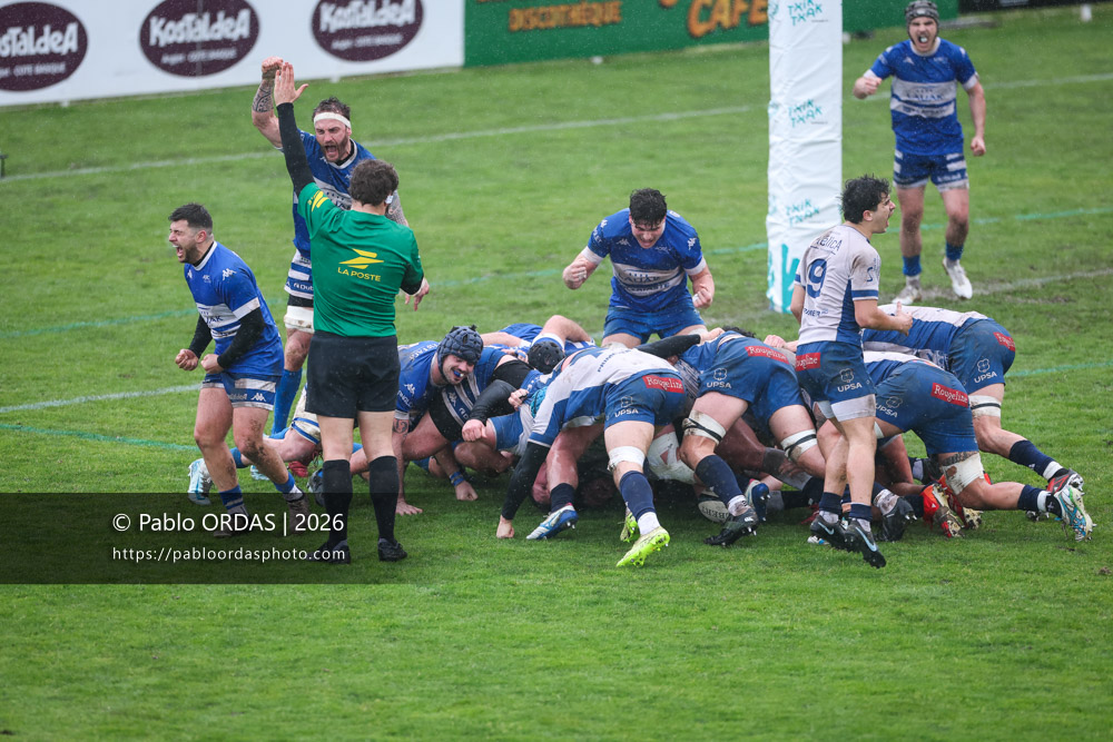 Alexandre Gouaux, Sébastien Laulhé, lors du match de Nationale 2 entre l'Anglet olympique et l'US Marmande, le 8 février 2026 au stade Saint-Jean d'Anglet, France (Photo Pablo ORDAS)