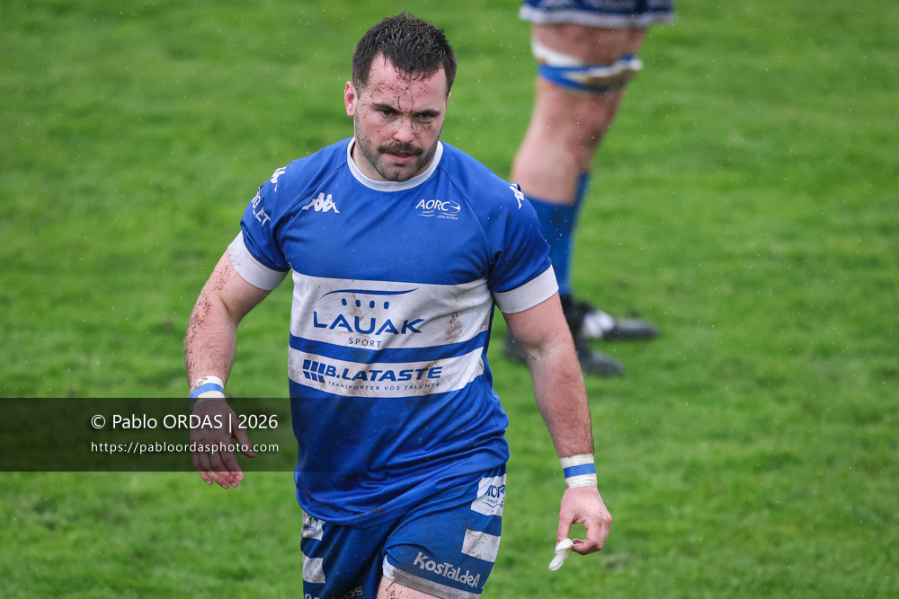 Max Bru, lors du match de Nationale 2 entre l'Anglet olympique et l'US Marmande, le 8 février 2026 au stade Saint-Jean d'Anglet, France (Photo Pablo ORDAS)