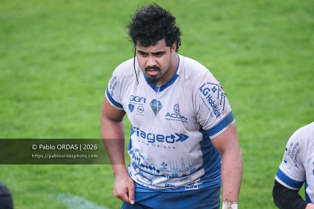 Yvannick Mufana, lors du match de Nationale 2 entre l'Anglet olympique et l'US Marmande, le 8 février 2026 au stade Saint-Jean d'Anglet, France (Photo Pablo ORDAS)