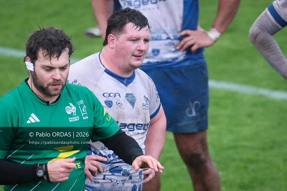 Mathis Dumain, lors du match de Nationale 2 entre l'Anglet olympique et l'US Marmande, le 8 février 2026 au stade Saint-Jean d'Anglet, France (Photo Pablo ORDAS)