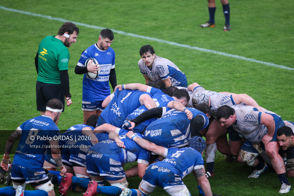 Alexandre Gouaux, Paulin Blanchot, lors du match de Nationale 2 entre l'Anglet olympique et l'US Marmande, le 8 février 2026 au stade Saint-Jean d'Anglet, France (Photo Pablo ORDAS)