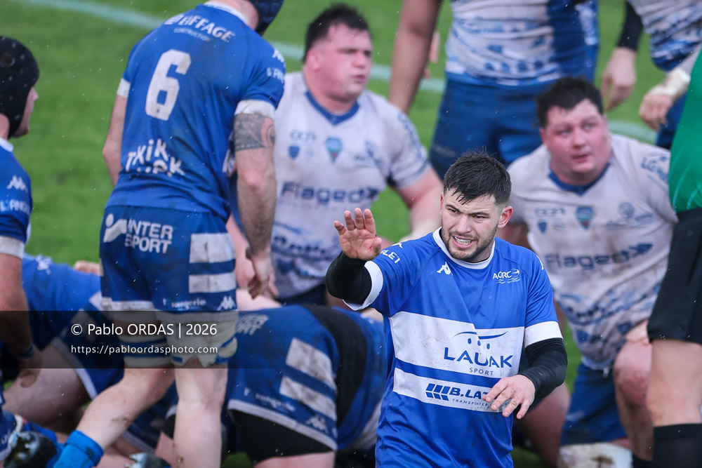 Alexandre Gouaux, lors du match de Nationale 2 entre l'Anglet olympique et l'US Marmande, le 8 février 2026 au stade Saint-Jean d'Anglet, France (Photo Pablo ORDAS)