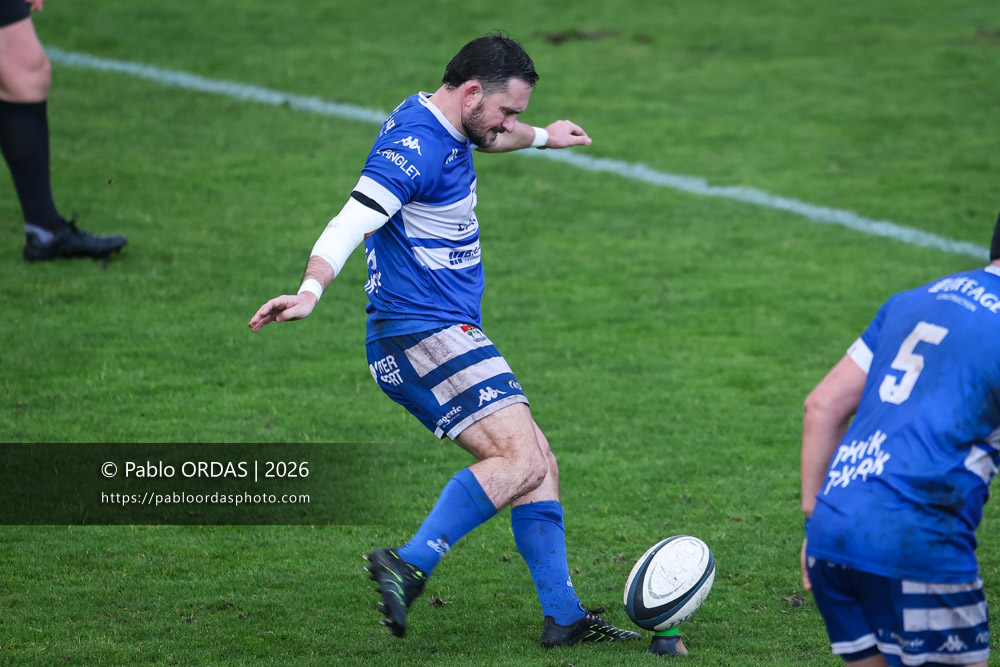 Thomas Curutchet, lors du match de Nationale 2 entre l'Anglet olympique et l'US Marmande, le 8 février 2026 au stade Saint-Jean d'Anglet, France (Photo Pablo ORDAS)