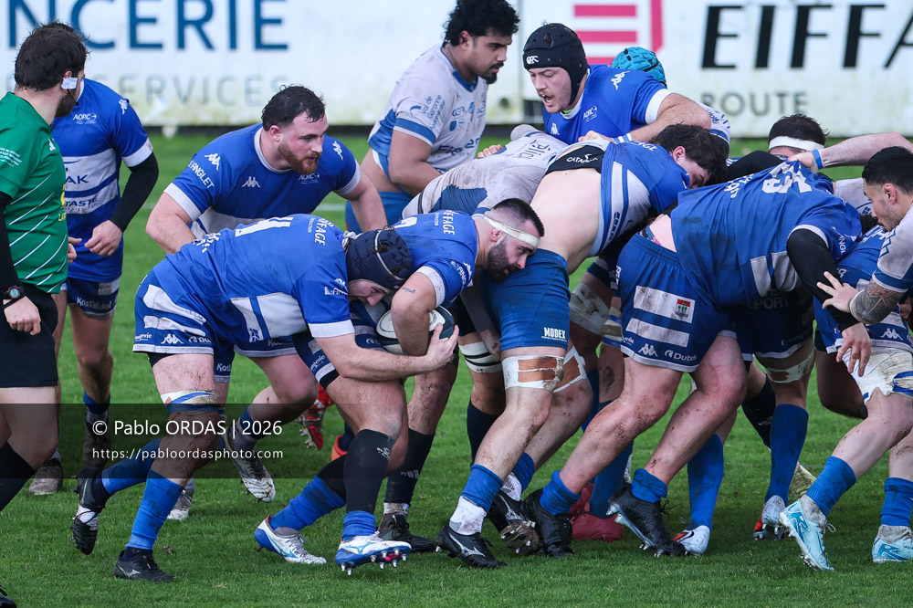 Maxime Gonzalez, lors du match de Nationale 2 entre l'Anglet olympique et l'US Marmande, le 8 février 2026 au stade Saint-Jean d'Anglet, France (Photo Pablo ORDAS)
