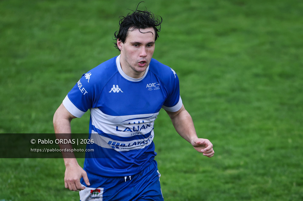 Jules Lartigau, lors du match de Nationale 2 entre l'Anglet olympique et l'US Marmande, le 8 février 2026 au stade Saint-Jean d'Anglet, France (Photo Pablo ORDAS)