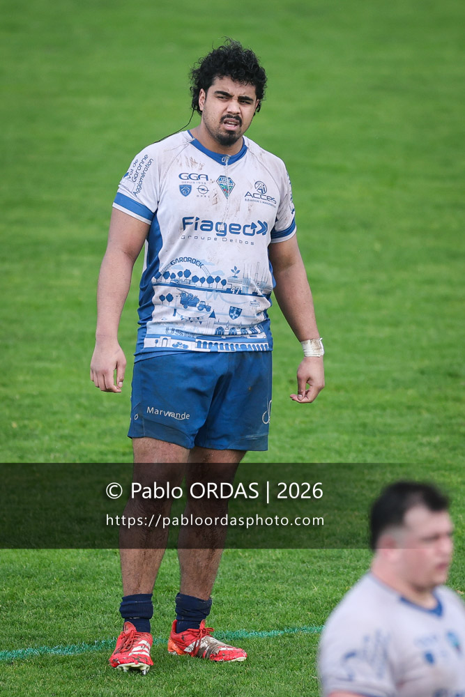 Yvannick Mufana, lors du match de Nationale 2 entre l'Anglet olympique et l'US Marmande, le 8 février 2026 au stade Saint-Jean d'Anglet, France (Photo Pablo ORDAS)