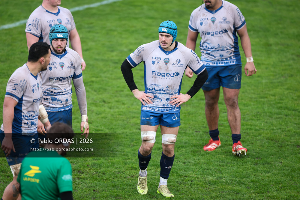 Florian Lauzun, lors du match de Nationale 2 entre l'Anglet olympique et l'US Marmande, le 8 février 2026 au stade Saint-Jean d'Anglet, France (Photo Pablo ORDAS)