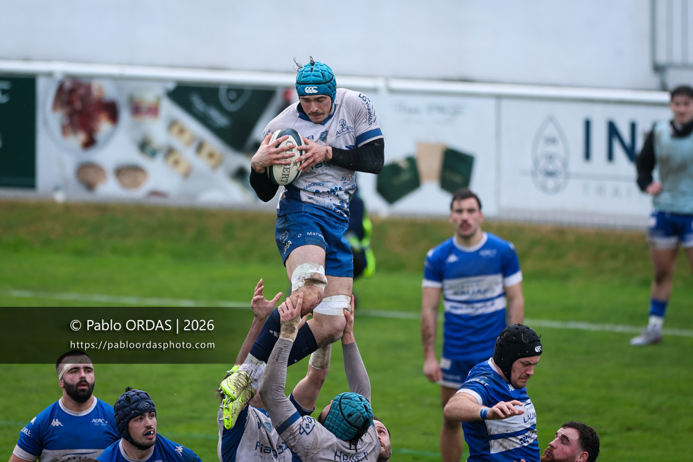 Florian Lauzun, lors du match de Nationale 2 entre l'Anglet olympique et l'US Marmande, le 8 février 2026 au stade Saint-Jean d'Anglet, France (Photo Pablo ORDAS)