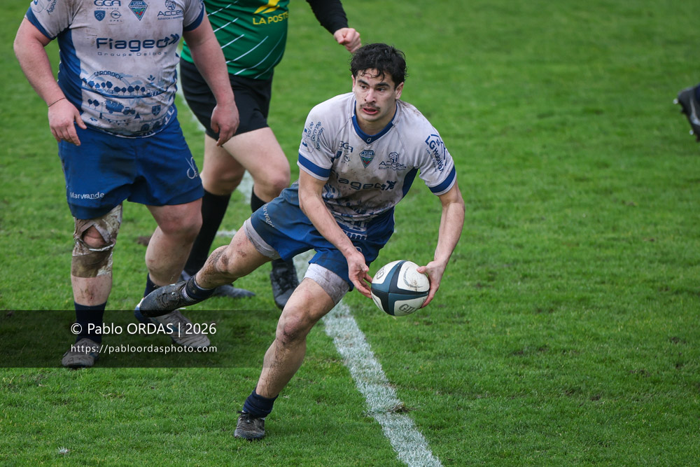 Paulin Blanchot, lors du match de Nationale 2 entre l'Anglet olympique et l'US Marmande, le 8 février 2026 au stade Saint-Jean d'Anglet, France (Photo Pablo ORDAS)