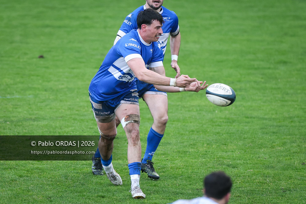 Timothé Grégoire, lors du match de Nationale 2 entre l'Anglet olympique et l'US Marmande, le 8 février 2026 au stade Saint-Jean d'Anglet, France (Photo Pablo ORDAS)