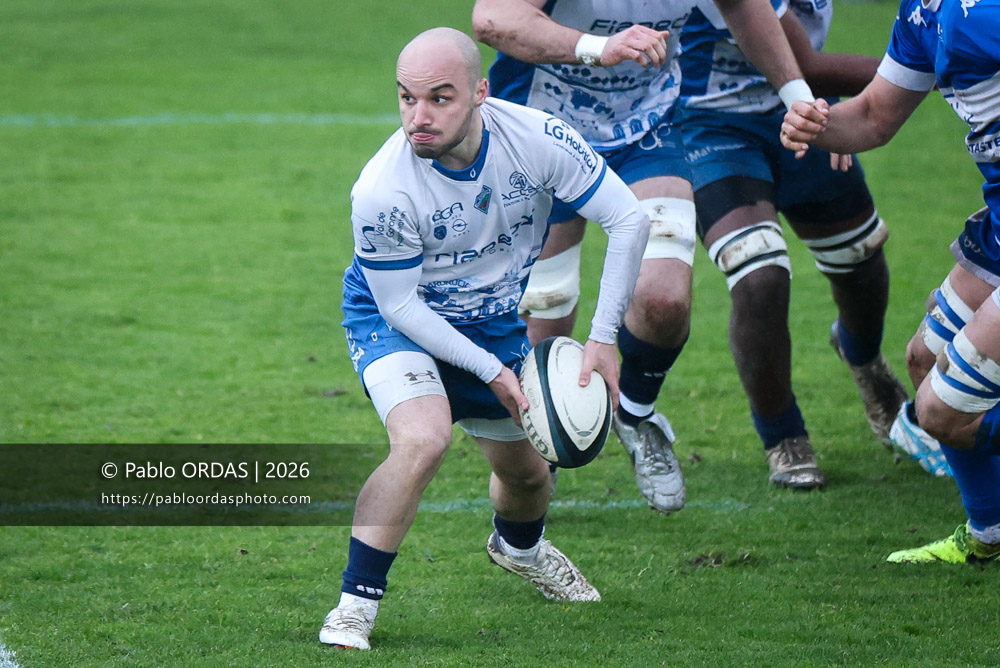 Justin Simonnet, lors du match de Nationale 2 entre l'Anglet olympique et l'US Marmande, le 8 février 2026 au stade Saint-Jean d'Anglet, France (Photo Pablo ORDAS)
