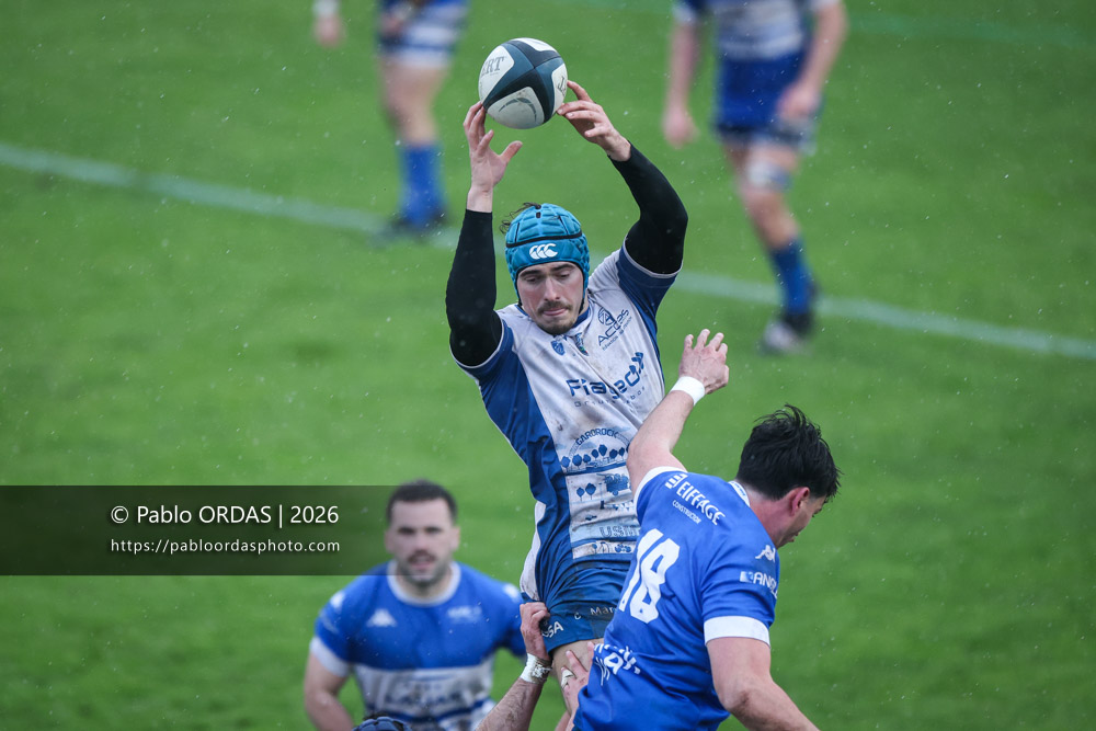 Florian Lauzun, lors du match de Nationale 2 entre l'Anglet olympique et l'US Marmande, le 8 février 2026 au stade Saint-Jean d'Anglet, France (Photo Pablo ORDAS)