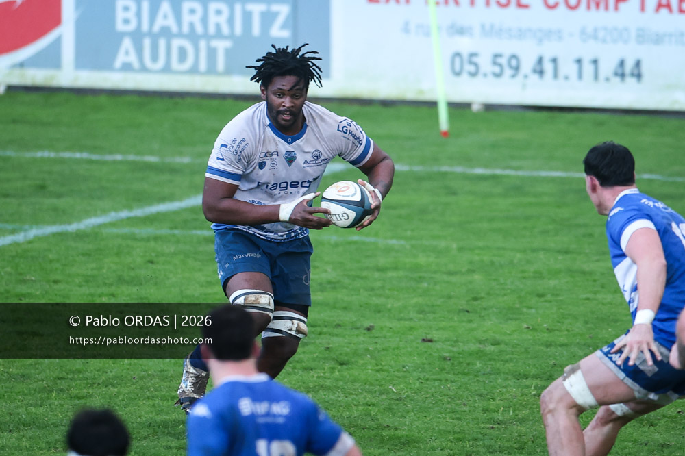 Mederyck Moustin, lors du match de Nationale 2 entre l'Anglet olympique et l'US Marmande, le 8 février 2026 au stade Saint-Jean d'Anglet, France (Photo Pablo ORDAS)