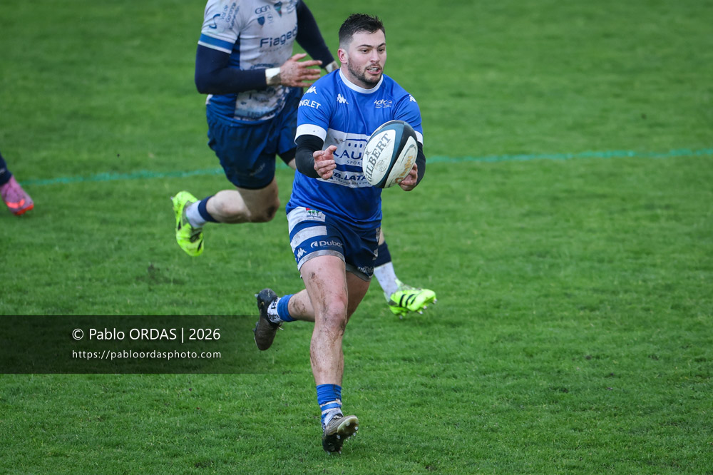 Alexandre Gouaux, lors du match de Nationale 2 entre l'Anglet olympique et l'US Marmande, le 8 février 2026 au stade Saint-Jean d'Anglet, France (Photo Pablo ORDAS)