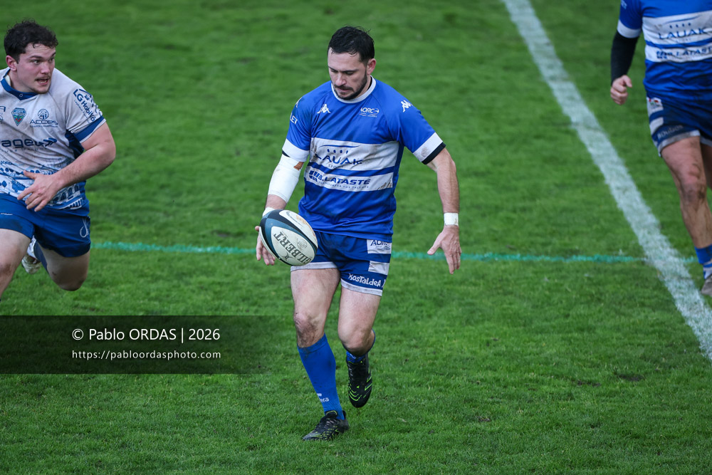 Thomas Curutchet, lors du match de Nationale 2 entre l'Anglet olympique et l'US Marmande, le 8 février 2026 au stade Saint-Jean d'Anglet, France (Photo Pablo ORDAS)