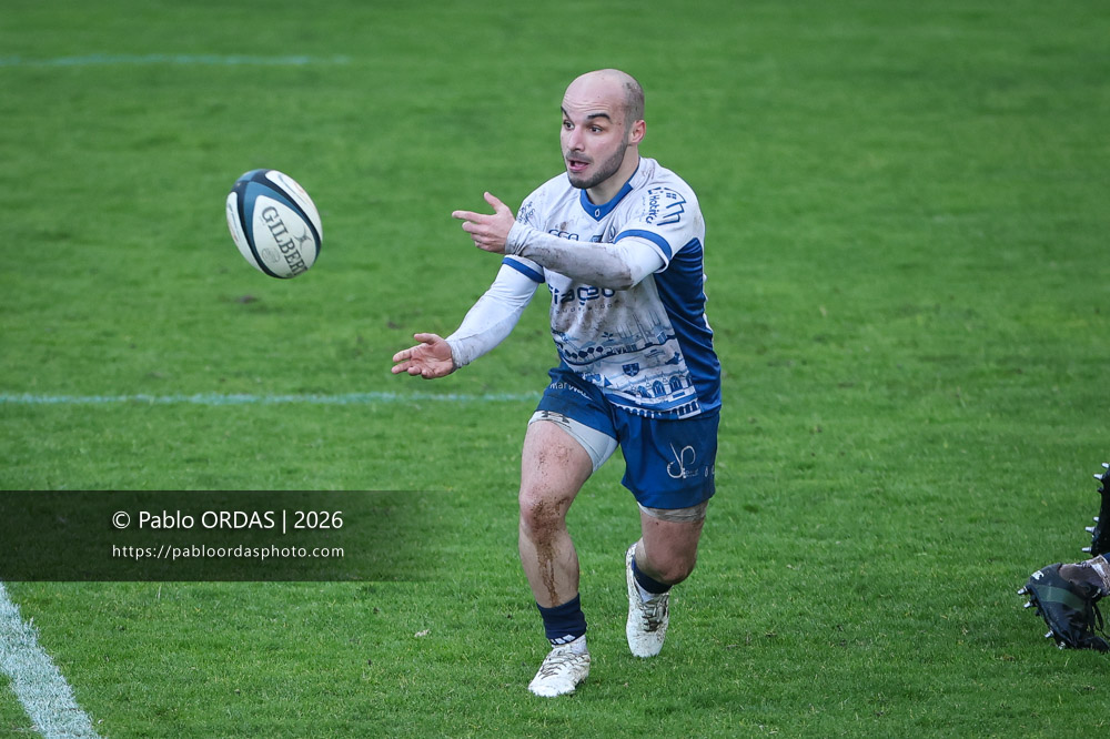Justin Simonnet, lors du match de Nationale 2 entre l'Anglet olympique et l'US Marmande, le 8 février 2026 au stade Saint-Jean d'Anglet, France (Photo Pablo ORDAS)