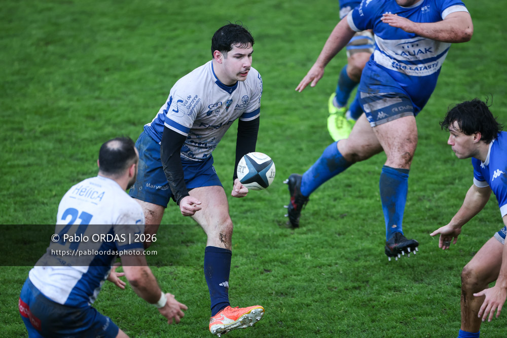 Léo Sauvetre, lors du match de Nationale 2 entre l'Anglet olympique et l'US Marmande, le 8 février 2026 au stade Saint-Jean d'Anglet, France (Photo Pablo ORDAS)